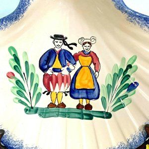 Shell Shape Dish Peasant Country Couple Hand Painted Faience Bretagne Fran…
